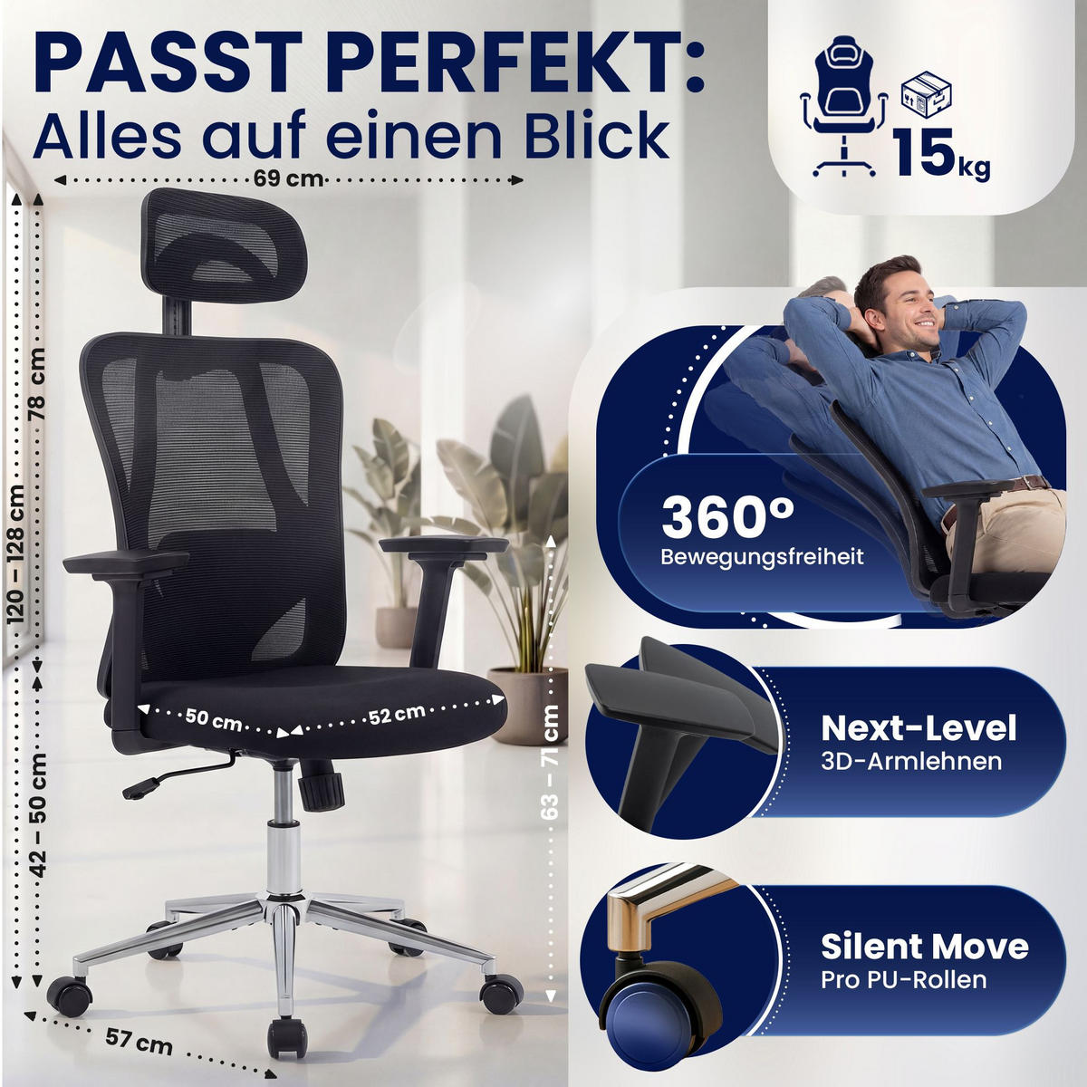 CHEFSESSEL Kunststoff Schwarz - Chromfarben/Schwarz, Kunststoff/Textil (70/120/57cm) - CLP