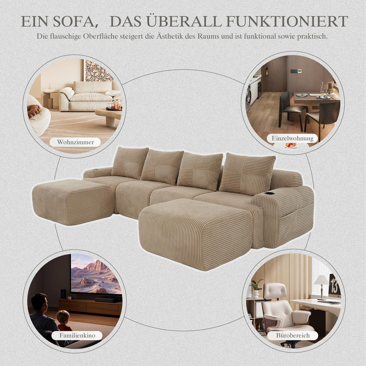 4-SITZER Wohnlandschaft Cord mit Getränkehalter und Seitentasche 333/174/80 cm Sandfarben - Sandfarben, Textil (174/80/333cm) - Redom