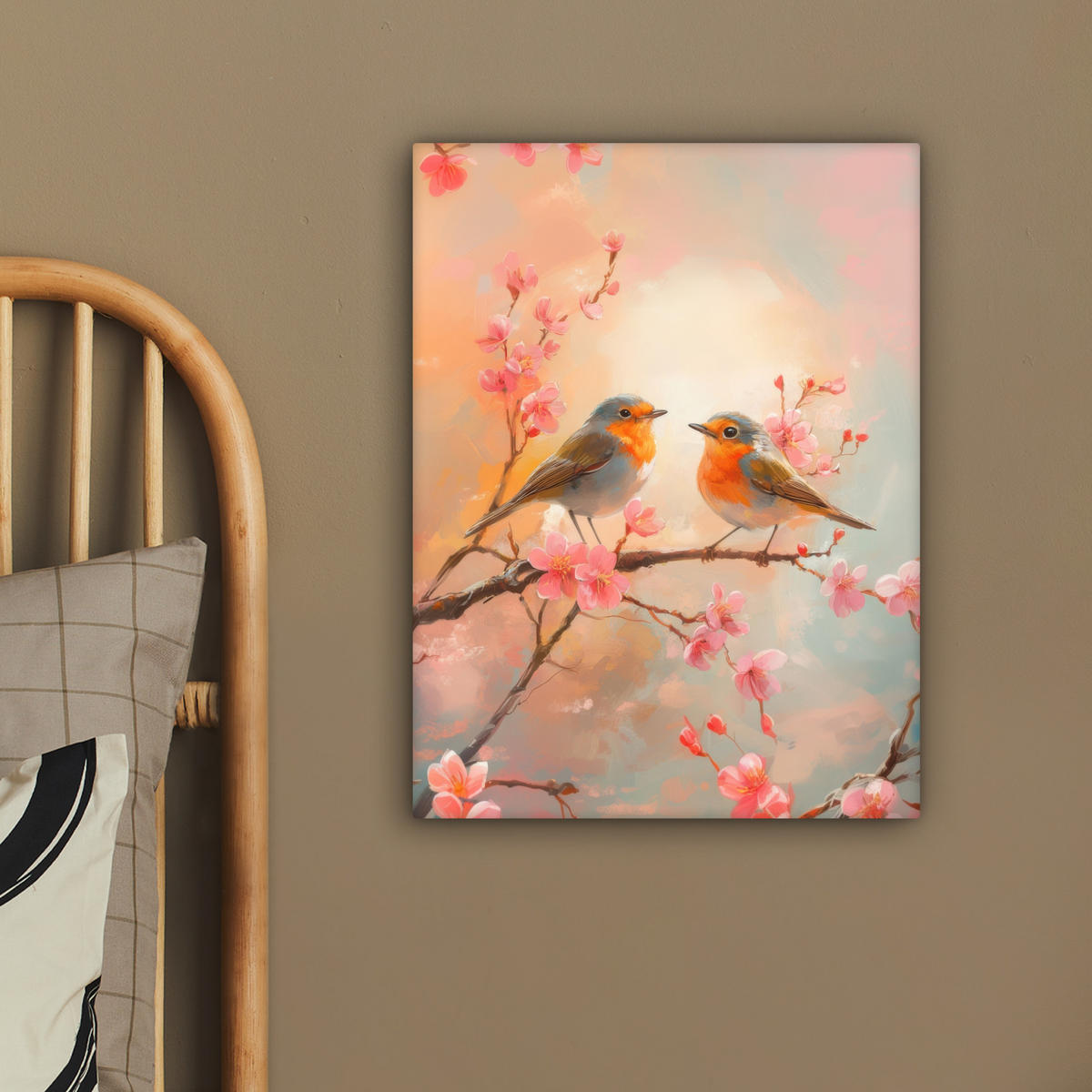 LEINWANDBILD Rotkehlchen - Zierpflanze - Blütenzweig 30x40 cm - Hellrosa, Textil (30/40cm) - MuchoWow