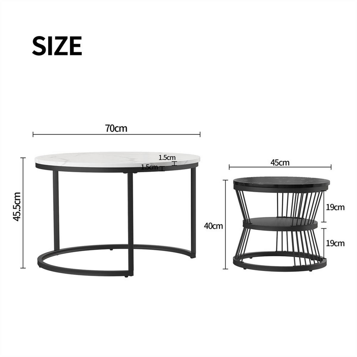 COUCHTISCH 2er-Set - Runder Couchtisch - Durchmesser 70 cm und Durchmesser 45 cm - Weiß und Schwarz - Schwarz, Holzwerkstoff (70/70/45cm) - DELFA