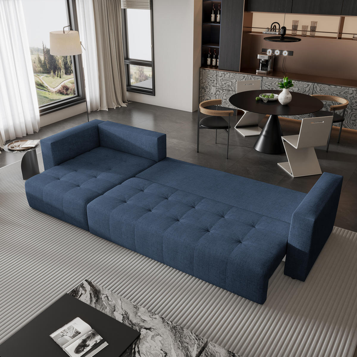 ECKSOFA OLVERA Blau Geflochtener Stoff mit Schlaffunktion - Blau, Holz (347/148cm) - MASSENO