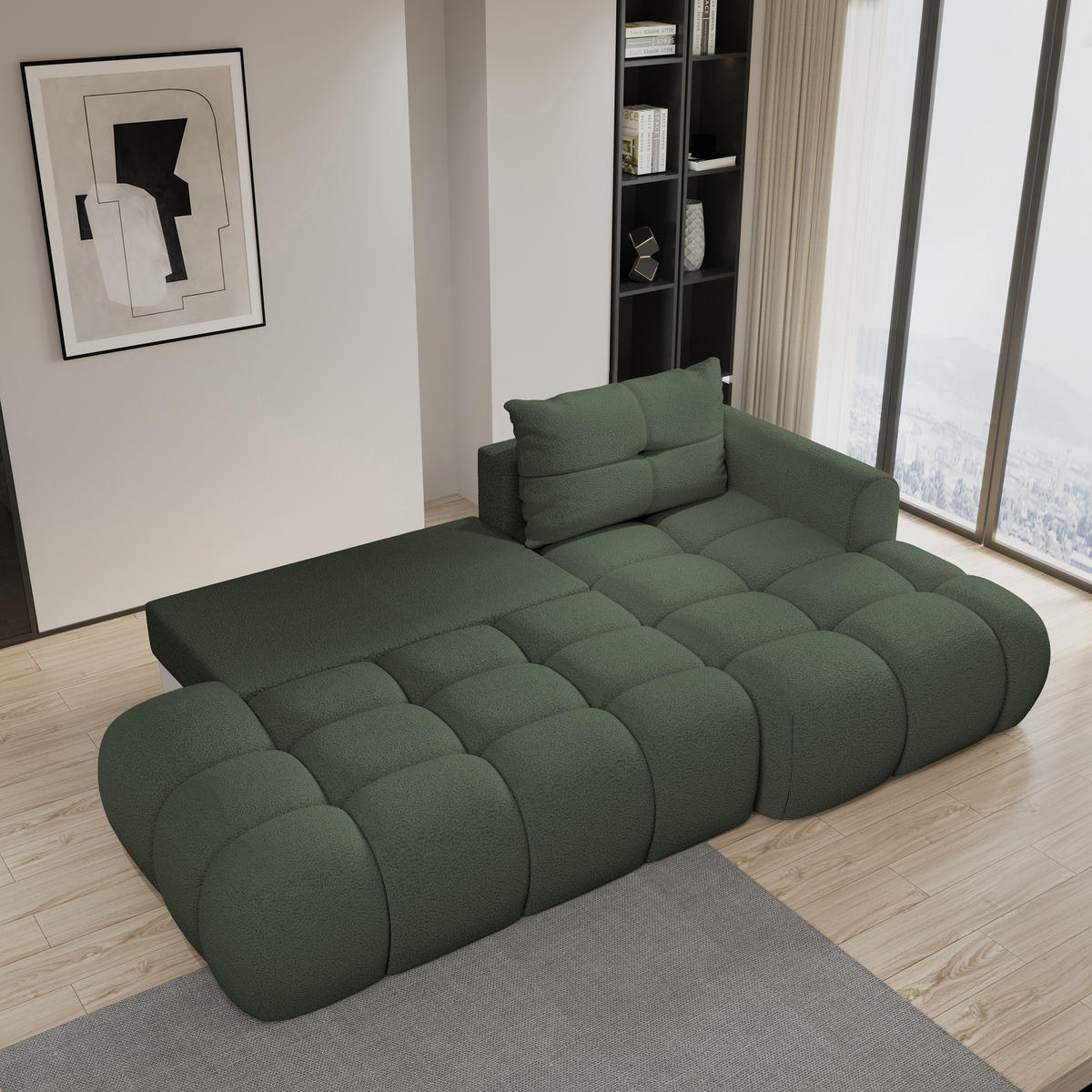 ECKSOFA FLUMA R-S Grün Boucle-Stoff mit Schlaffunktion - Grün, Holz (274/165cm) - MASSENO