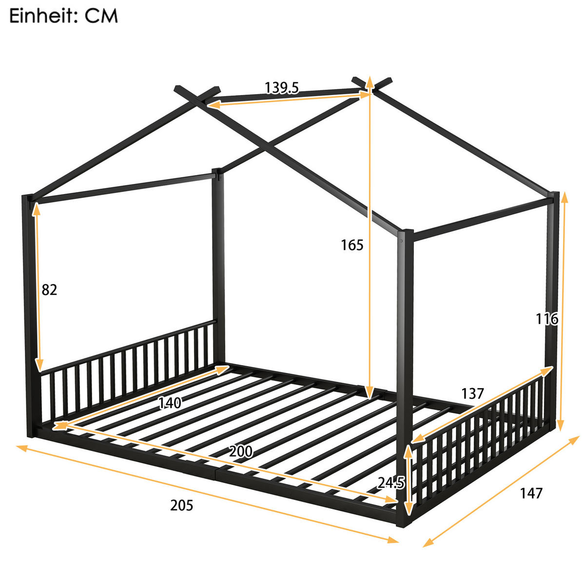 POSTELJA v obliki hiše 140/200 cm črna iz kovine s stabilnim okvirjem - črna, kovina (140/200cm) - OKWISH