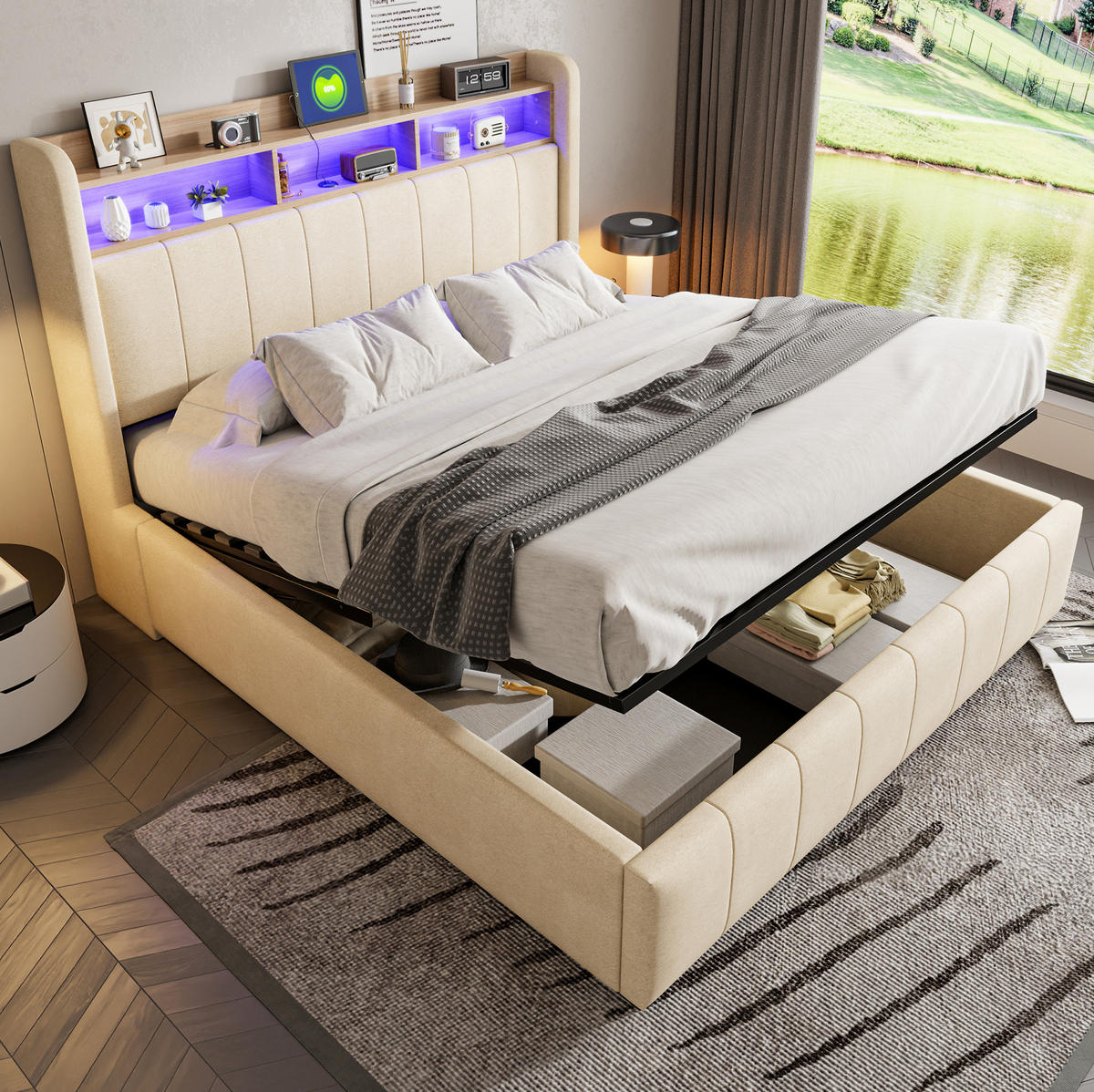 POLSTERBETT 160/200 cm mit Bettkasten, LED-Beleuchtung und gepolstertem Kopfteil - Beige, Textil (160/200cm) - BEAOK