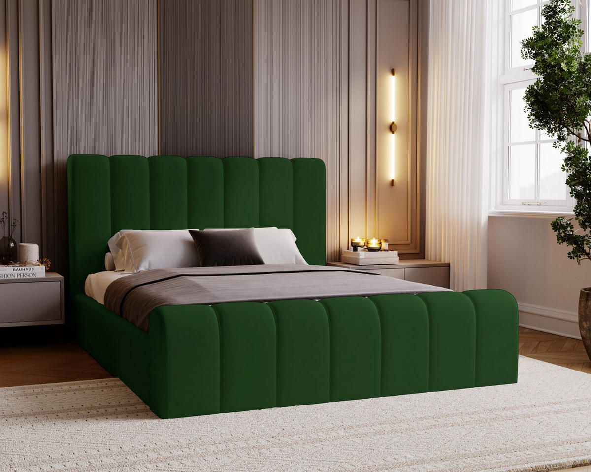 DOPPELBETT 140x200 Valetta mit Bettkasten, Velvet Grün - Grün, Holz/Textil (140/200cm) - Emporius