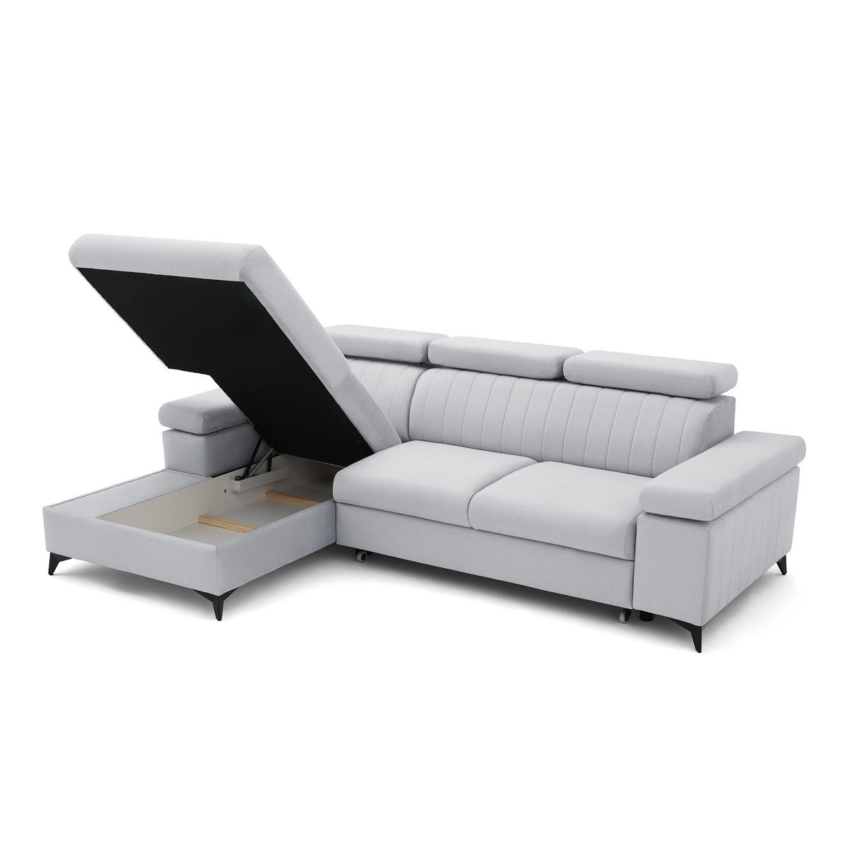 ECKSOFA FELIX L Links mit Schlaffunktion Velours Hellgrau - Hellgrau/Schwarz, Holz/Textil (257/176cm) - Muffo