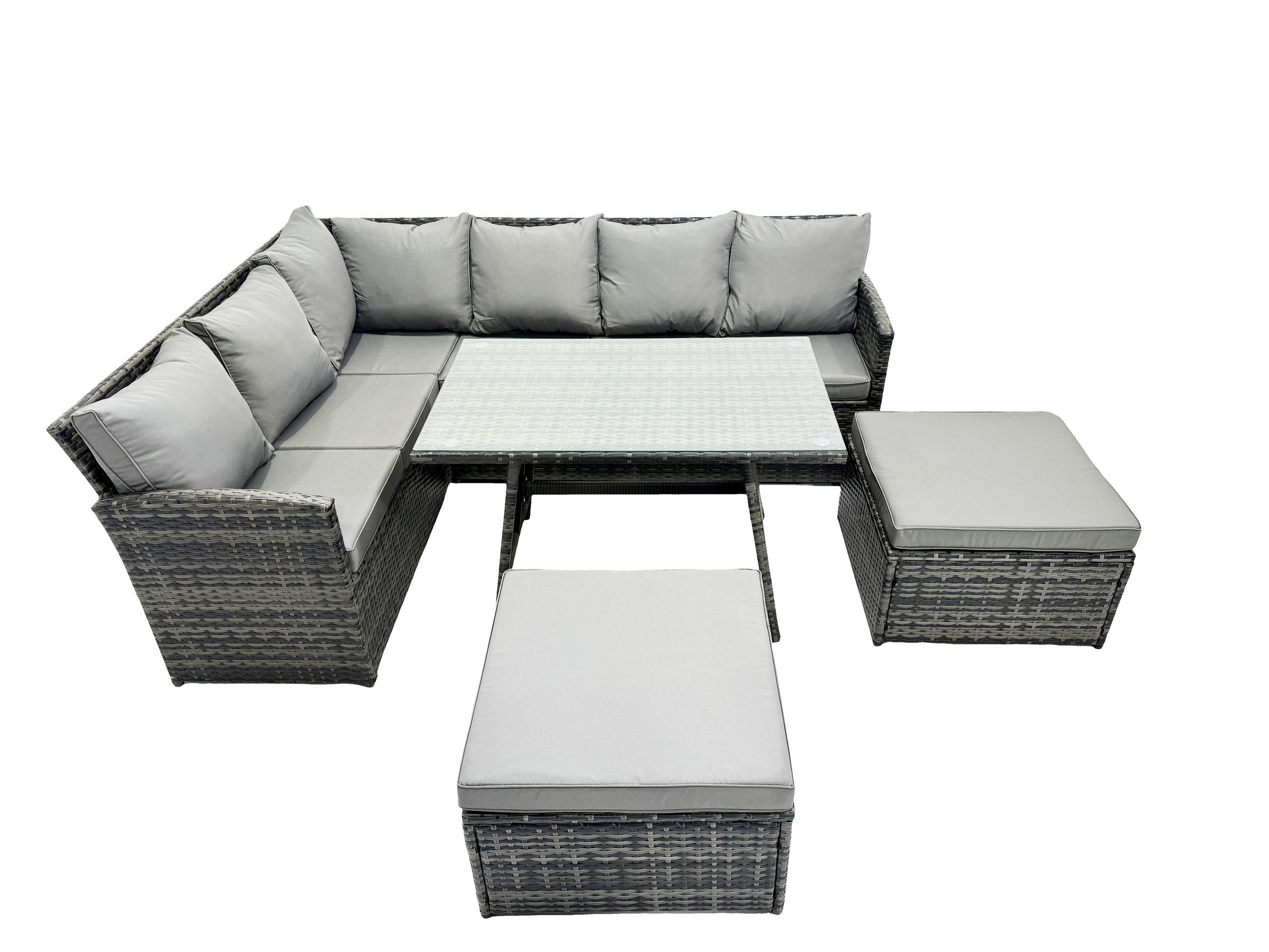SITZGRUPPE mit Ecksofa,große Fußhocker Polyrattan Dunkelgrau 8-Sitzer - Dunkelgrau/Grau, Glas/Kunststoff - Fimous