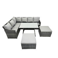 SITZGRUPPE mit Ecksofa,große Fußhocker Polyrattan Dunkelgrau 8-Sitzer - Dunkelgrau/Grau, Glas/Kunststoff - Fimous