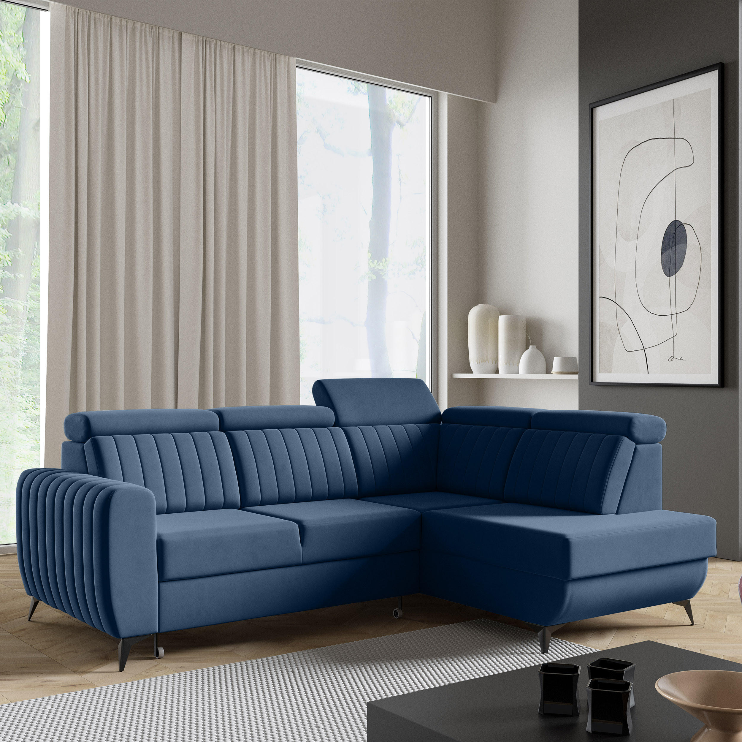 ECKSCHLAFSOFA Connor II verstellbare Kopfstützen, Dunkelblau, rechts - Schwarz/Dunkelblau, Textil (268/204cm) - Beautysofa