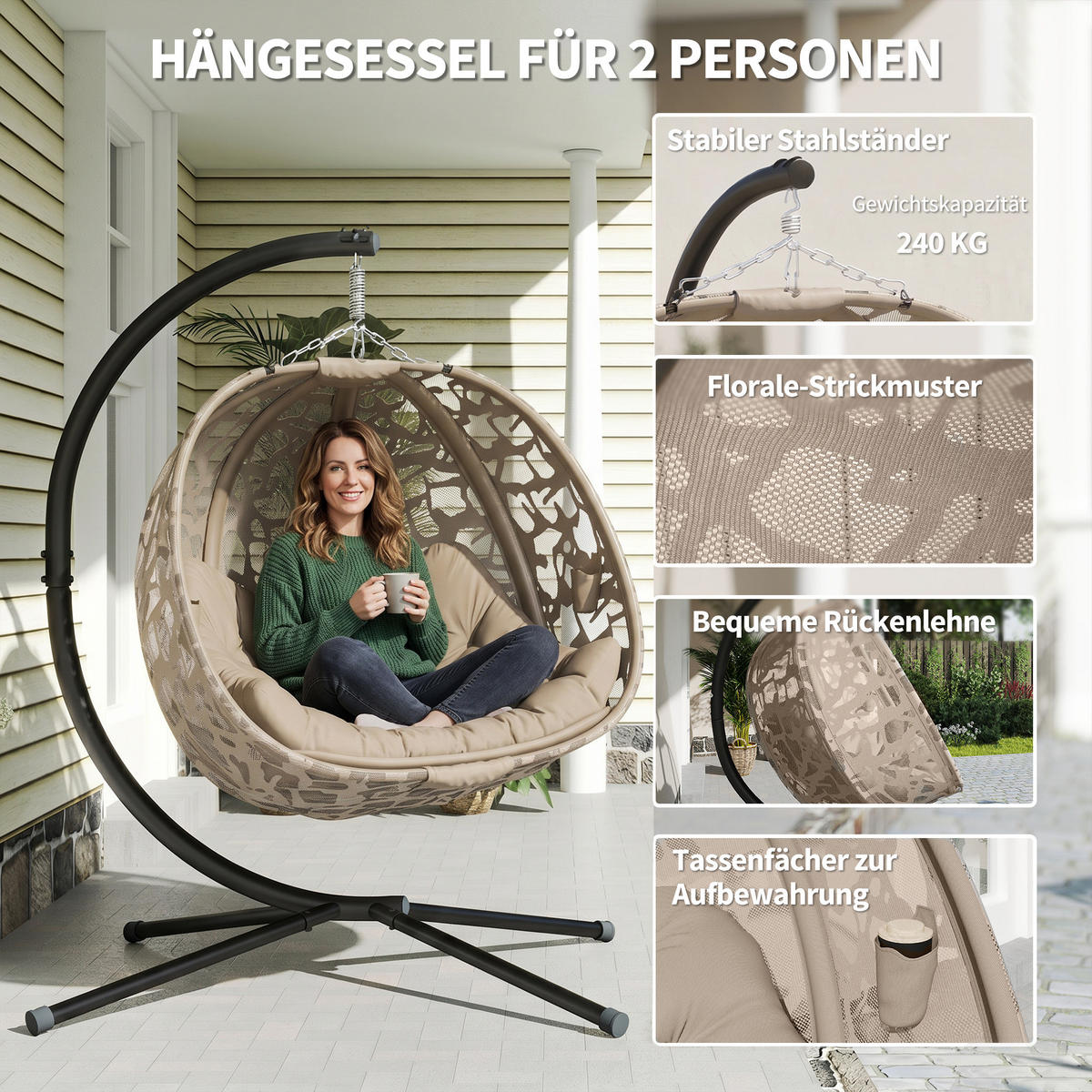 HÄNGESESSEL, Stahl, Polyester, Sand - Sandfarben, Kunststoff/Metall (103/172/130cm) - Outsunny