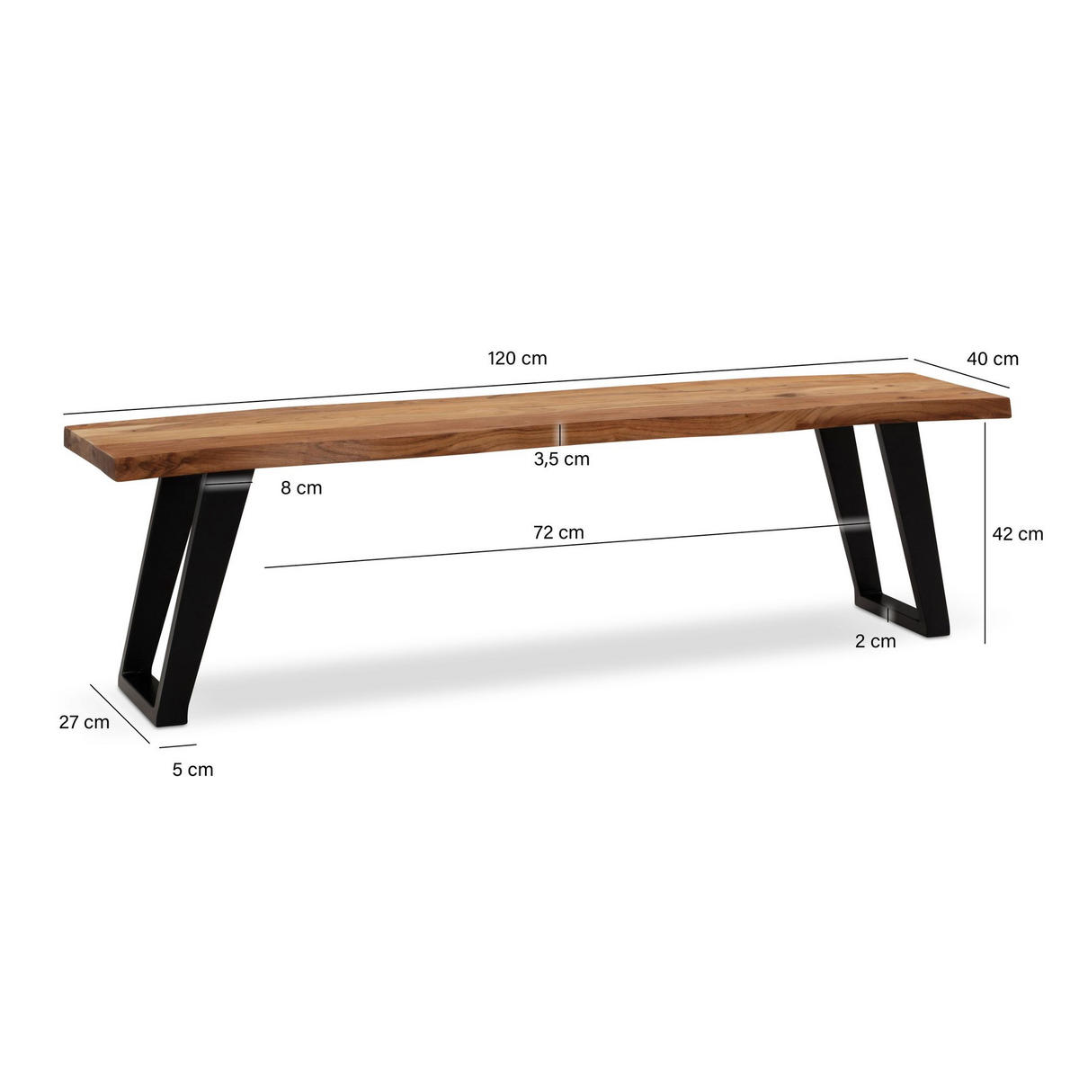 ESSZIMMERBANK Massivholz Metall Baumkante U-Beine, Akazie 120x40x46 cm - Schwarz/Braun, Holz/Metall (120/46/40cm) - KADIMA DESIGN