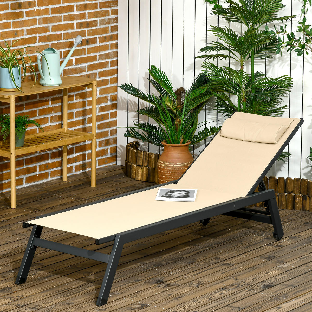 SONNENLIEGE DE-15612 Aluminium + Textilene, klappbar, mit Rollen & Kopfkissen Khaki - Mokka, Metall (55/90/164cm) - ComfortXL