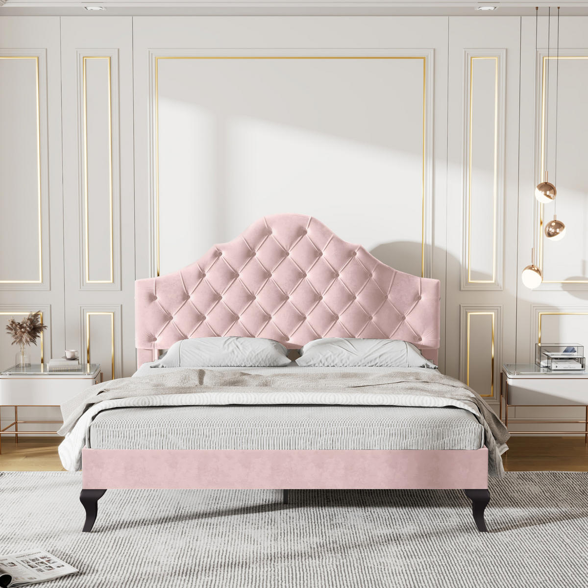 POLSTERBETT mit verstellbarem Kopfteil 140x200 cm Samt Pink - Pink, Metall (140/200cm) - Meubliv