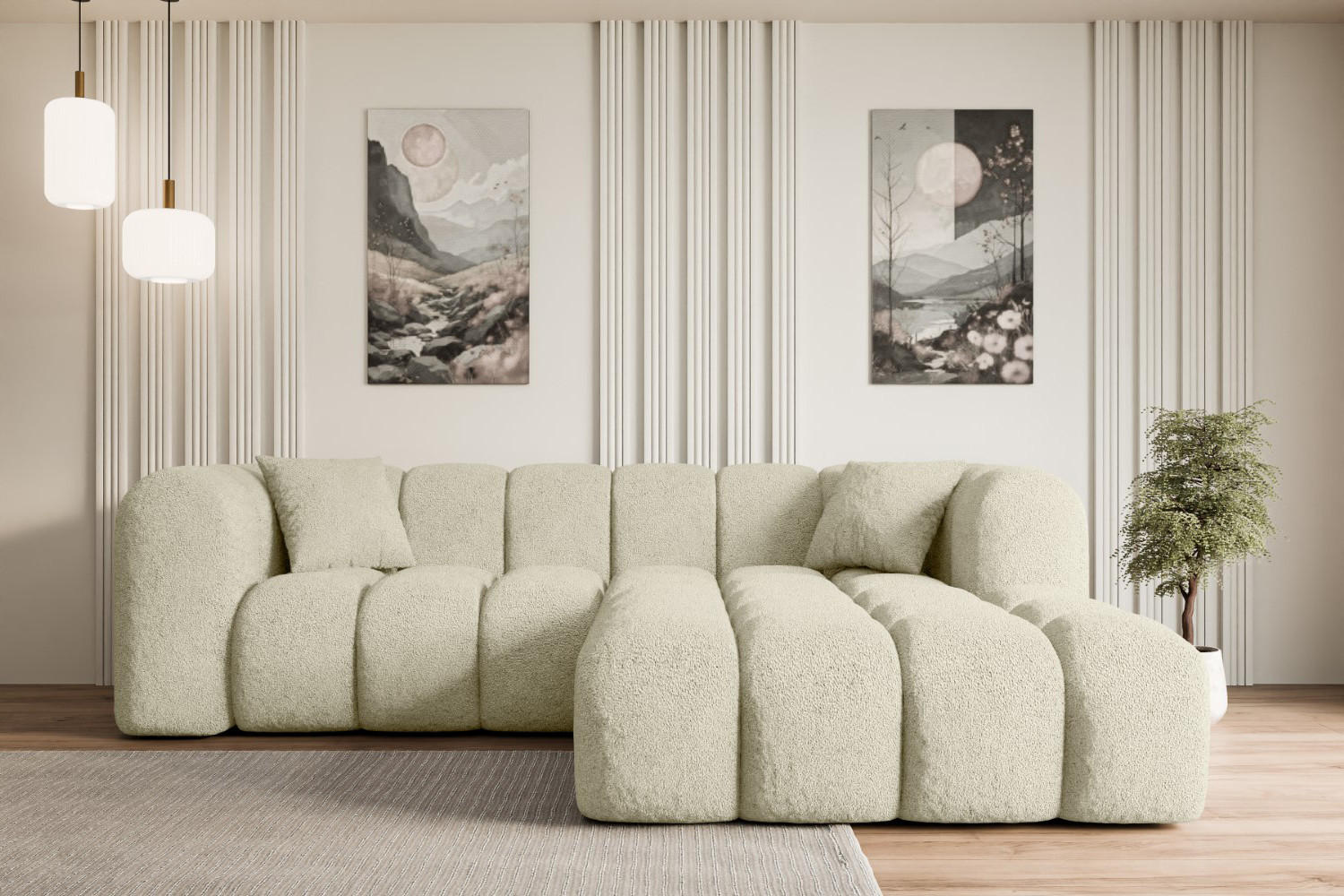ECKSOFA Ottomane Rechts OLEA-L1 - 231x173x74 cm Beige Bouclé - Beige/Schwarz, Holzwerkstoff/Kunststoff (231/173cm) - ALTDECOR