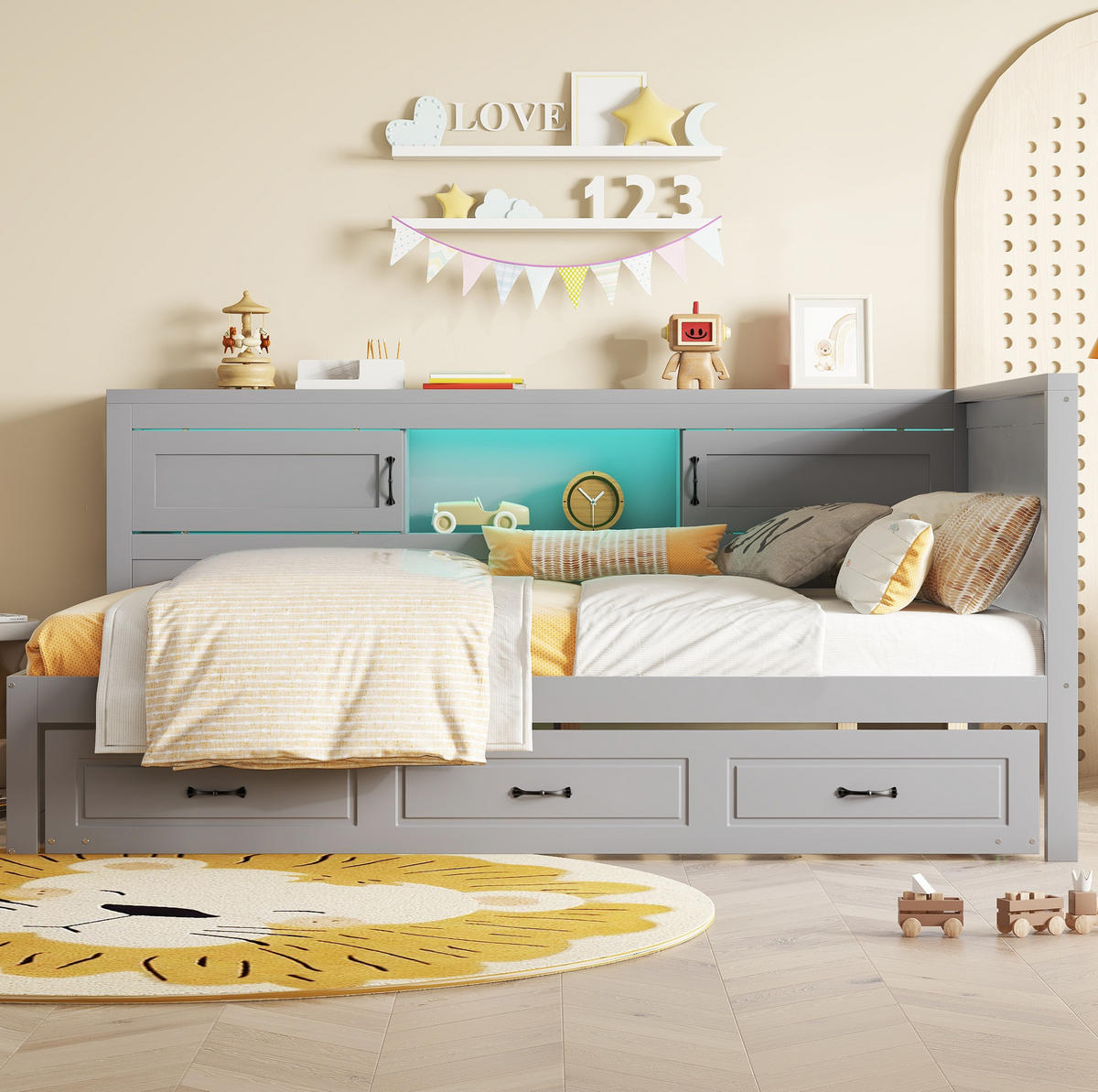 MULTIFUNKTIONSBETT 90/200 cm grau mit LED-Beleuchtung und ausziehbarem Bett - Grau, Holzwerkstoff (90/200cm) - OKWISH