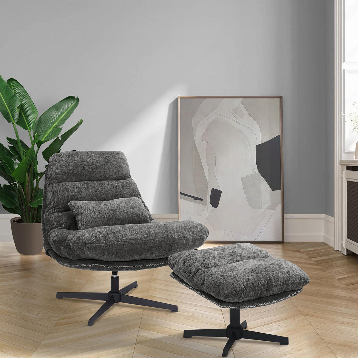 RELAXSESSEL - Chenille - Schwarz/Grau, Textil/Metall (84/88/94cm) - home24