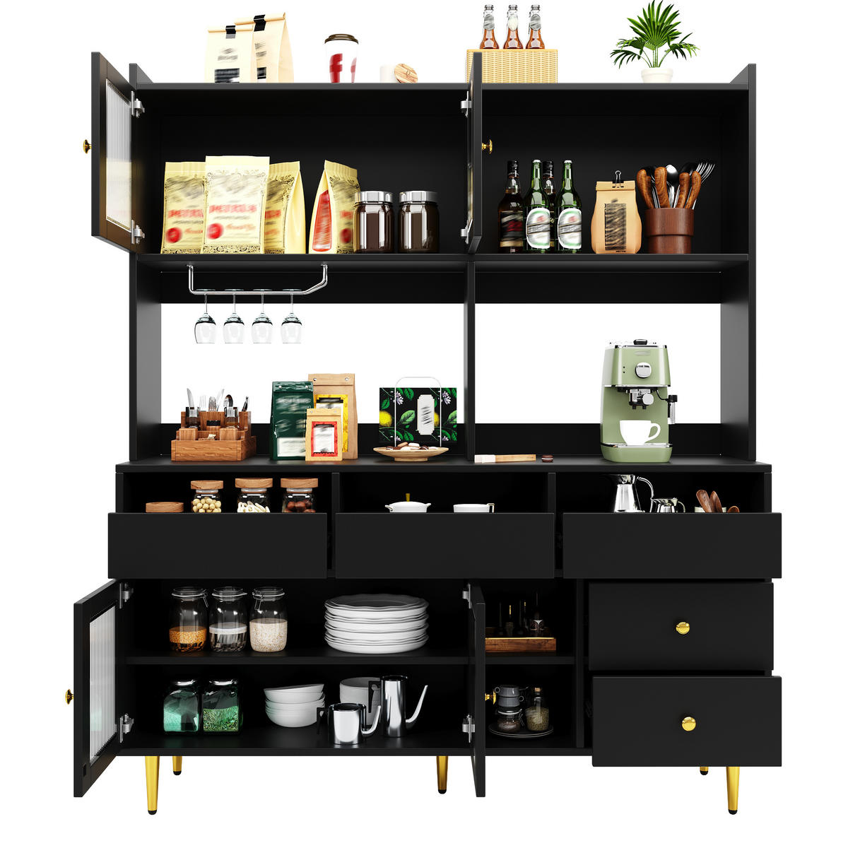 KÜCHENBUFFET mit Glaselementen und Weinaufbewahrung, 145 x 39 x 171 cm, Schwarz, MDF - Schwarz, Holzwerkstoff (145/171/39cm) - SONNENH