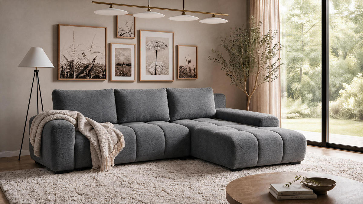 ECKSOFA Ovia mit Bettkasten und Schlaffunktion, Bouclé-Stoff in L-Form - Dunkelgrau, Textil (270/185cm)