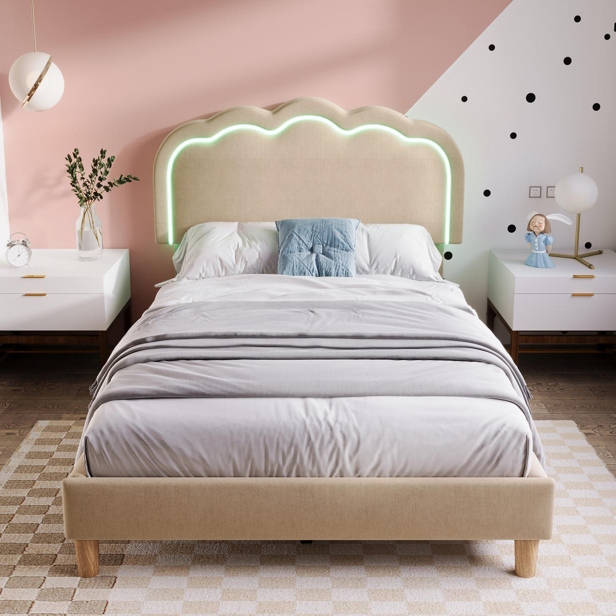 POLSTERBETT mit LED und verstellbarem Kopfteil 90x200 cm Leinen Beige - Beige, Metall (90/200cm) - Beauniv