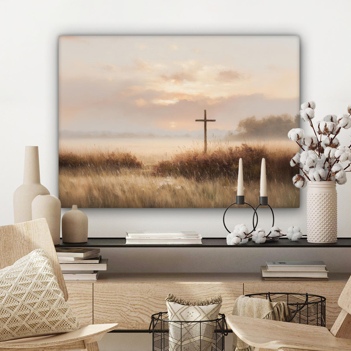 LEINWANDBILD Gras - Morgennebel - Kreuz - Christentum Wandbilder 80x60 cm - Beige, Textil (80/60cm) - MuchoWow