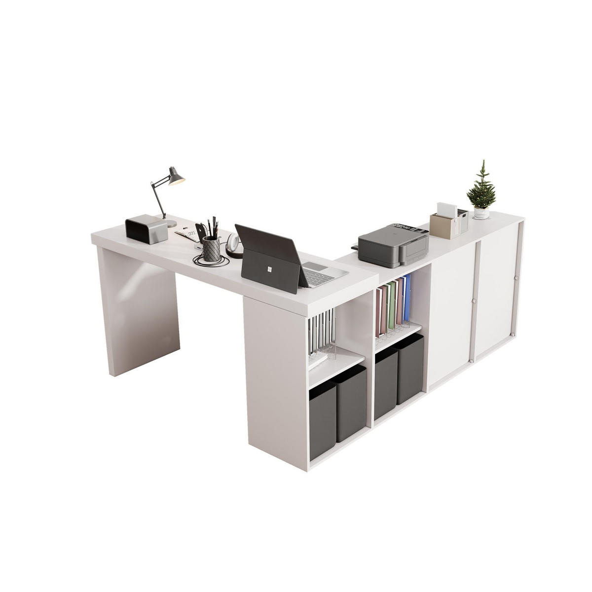 SCHREIBTISCH drehbar L-Form oder gerade MDF Weiß mit 8 Fächern - Weiß, Holz (140/120/78cm) - Meubliv