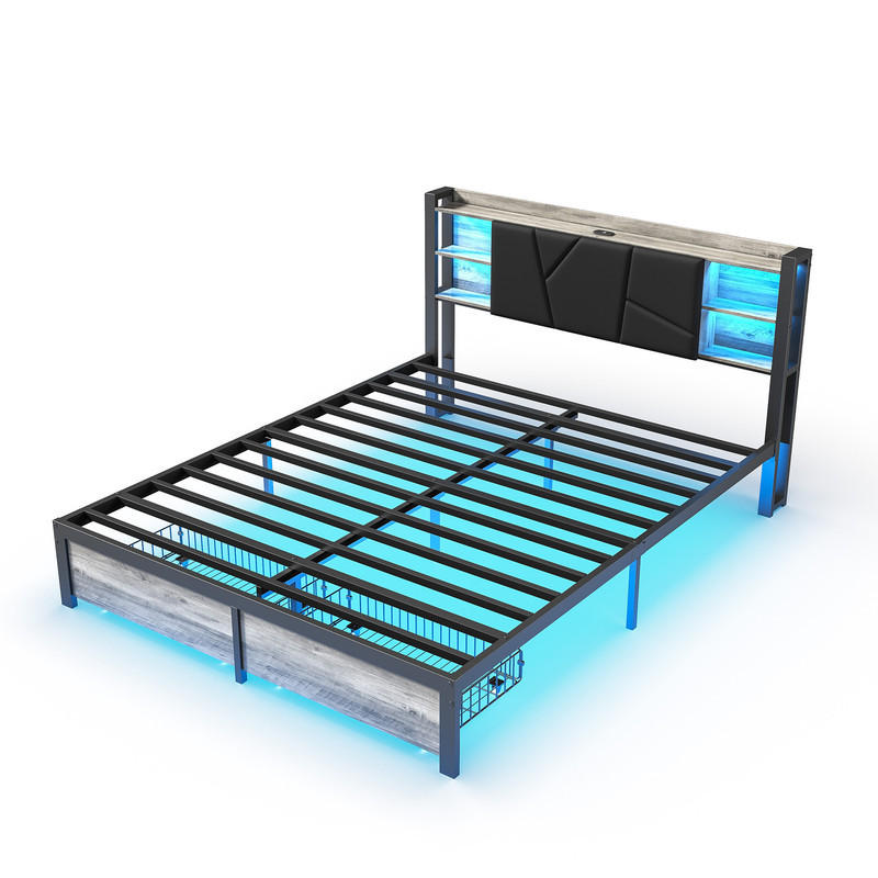 DOPPELBETT 140 x 200 cm, Kopfteil mit LED-Beleuchtung und USB-Anschlüssen, mit 2 Schubladen und Staufächern, PU - Schwarz, Holzwerkstoff - WoodenAura