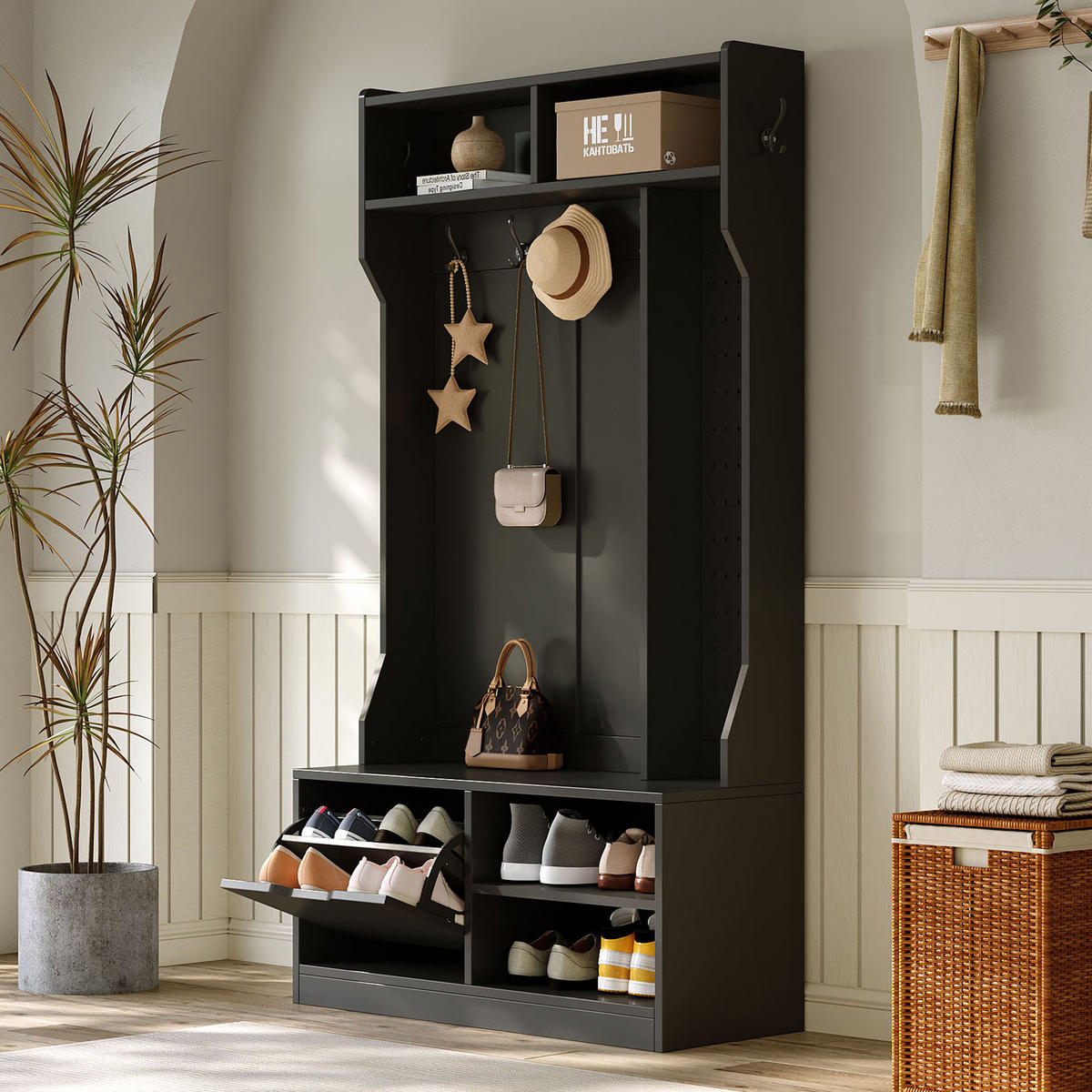 GARDEROBENSET Flurgarderobe mit Sitzbank 6 Haken Schwarz 100x40x185.5cm - Schwarz, Holzwerkstoff (185.4/40/100cm) - FLIEKS