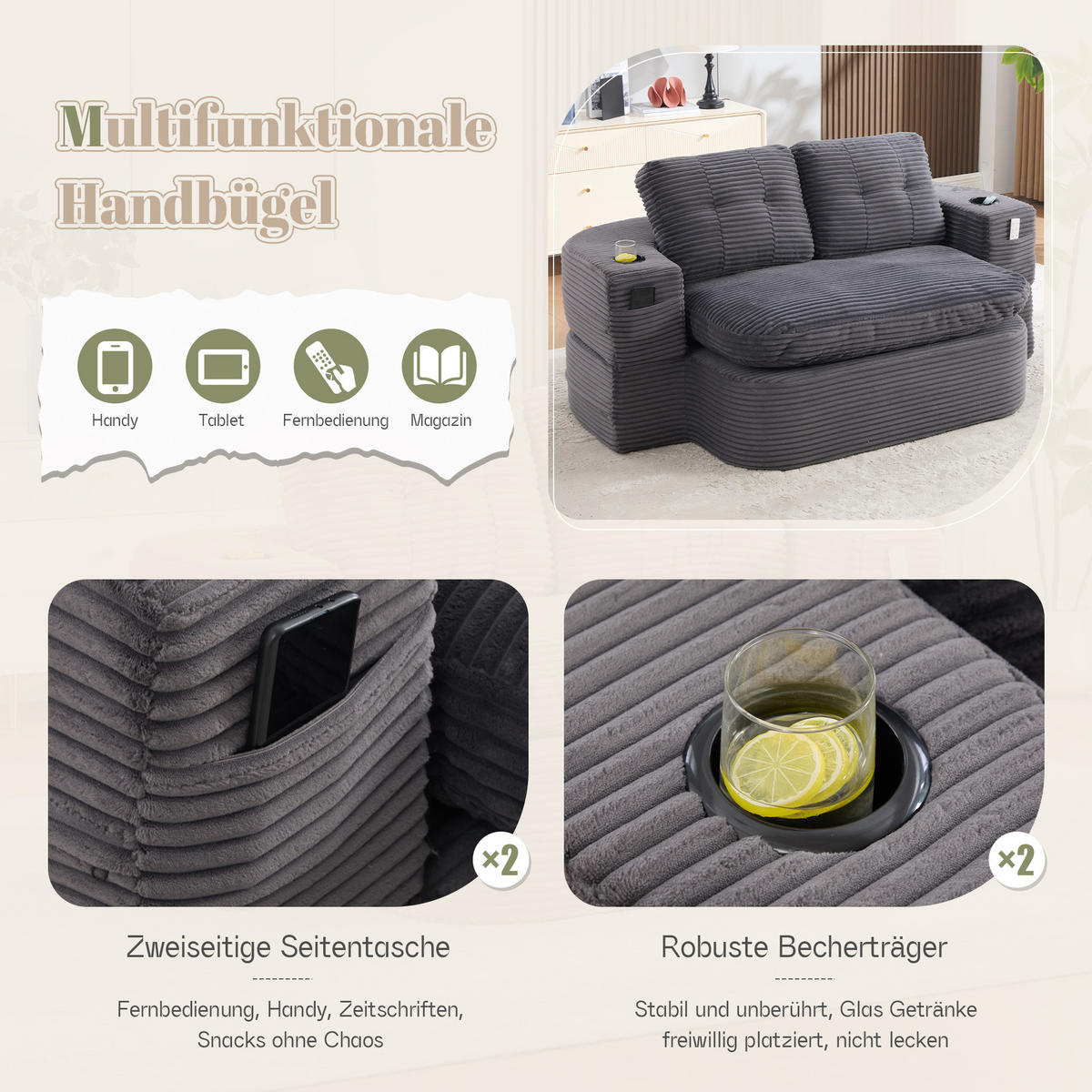SOFA 2-in-1 mit Liegefunktion und Getränkehaltern aus Cord Dunkelgrau - Dunkelgrau, Textil (165/61/97cm) - EVRYAE