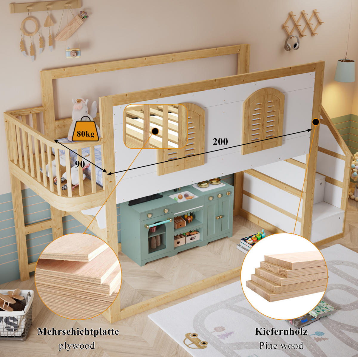 HOCHBETT 90/200 cm, Natur/Weiß mit Treppenschrank und Spielfläche - Weiß, Holz (90/200cm) - MIVRAY