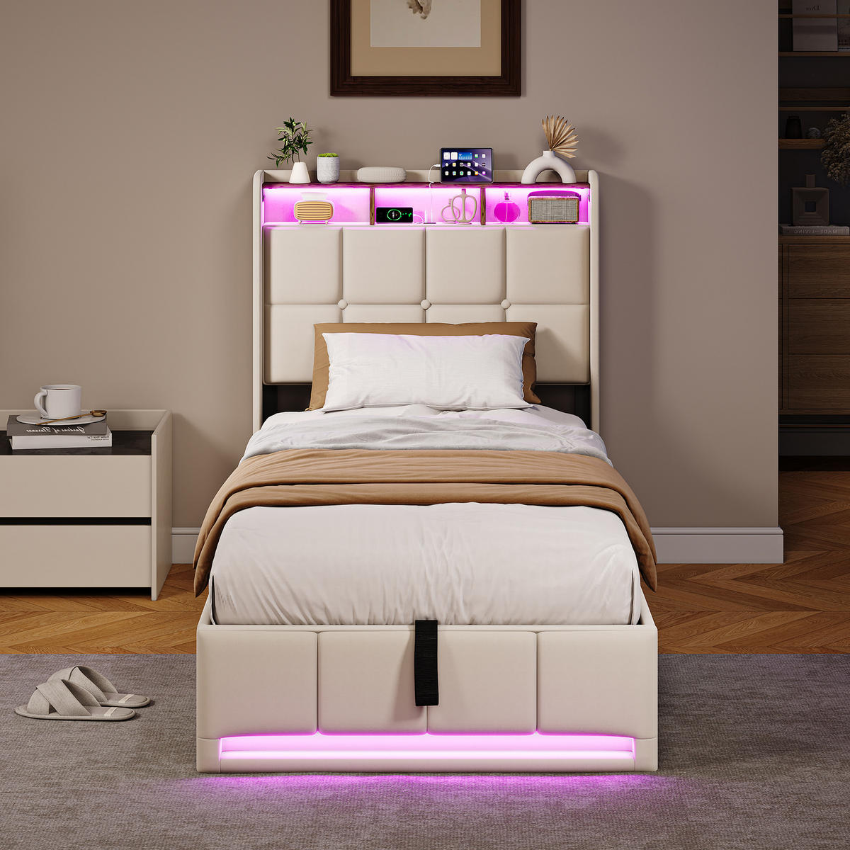 POLSTERBETT 90x200 mit Stauraum, LED & USB, Hydraulikbett, Leinen Beige, Lattenrost - Beige, Holz (90/200cm) - PARAFTA HOME