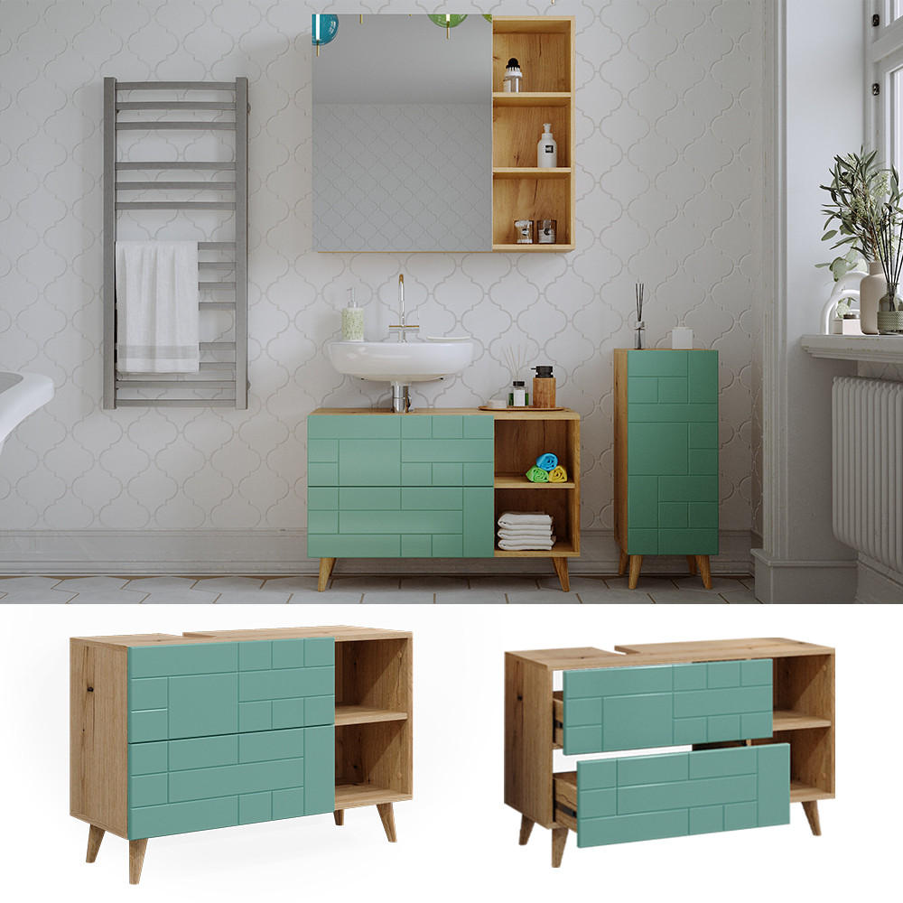 WASCHBECKENUNTERSCHRANK Rudi Mintgrün 90 x 59 cm mit 2 Schubladen - Braun/Mintgrün, Holzwerkstoff (90/59/32.6cm) - Vicco