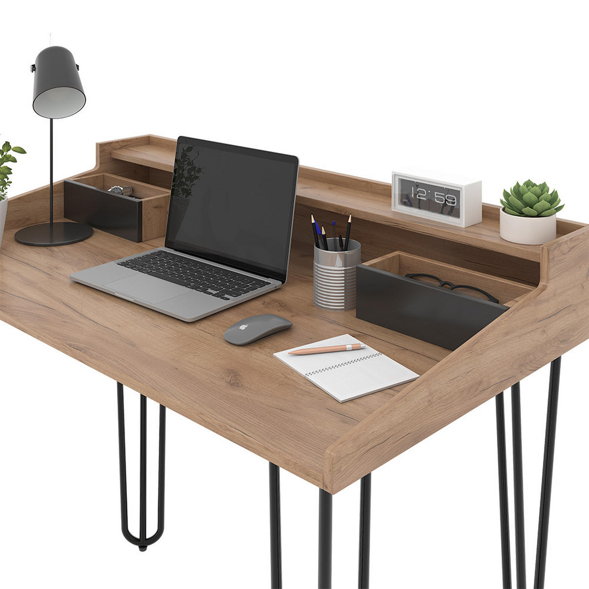 SCHREIBTISCH Sannar Eiche 110 x 60 cm mit Schubladen - Eichefarben/Schwarz, Holzwerkstoff (60/110/89.5cm) - Vicco