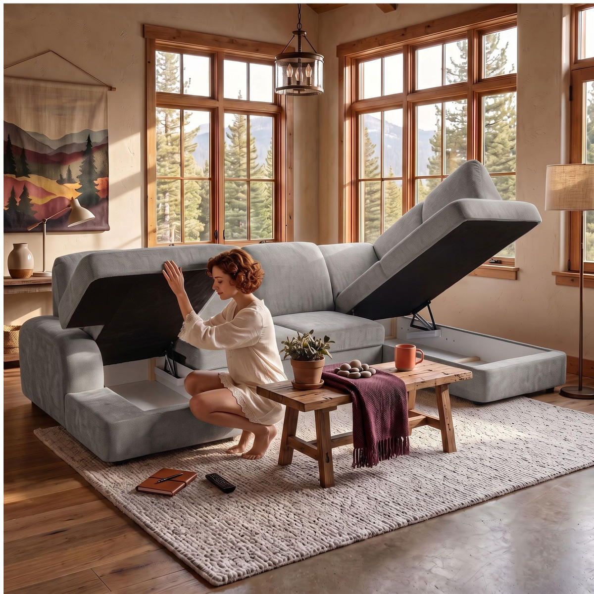 ECKSOFA VIBE U Rechts mit Schlaffunktion 129x263 Chenille Grau - Schwarz/Grau, Holz/Kunststoff (186/102/280cm) - Muffo