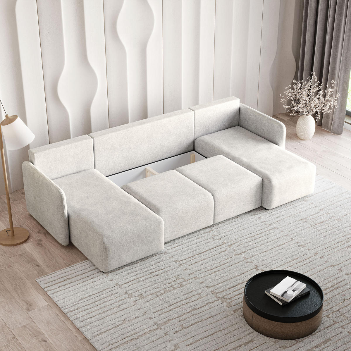 WOHNLANDSCHAFT NUBERO Creme Geflochtener Stoff mit Schlaffunktion - Creme, Holz (285/85/143cm) - MASSENO