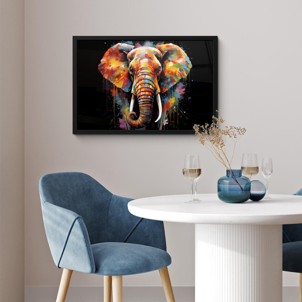 POSTER MIT RAHMENGERAHMTES BILD Elefant - Graffiti - Schwarz - Tiere - Farben 60x40 cm - Schwarz, Papier (60/40cm) - MuchoWow