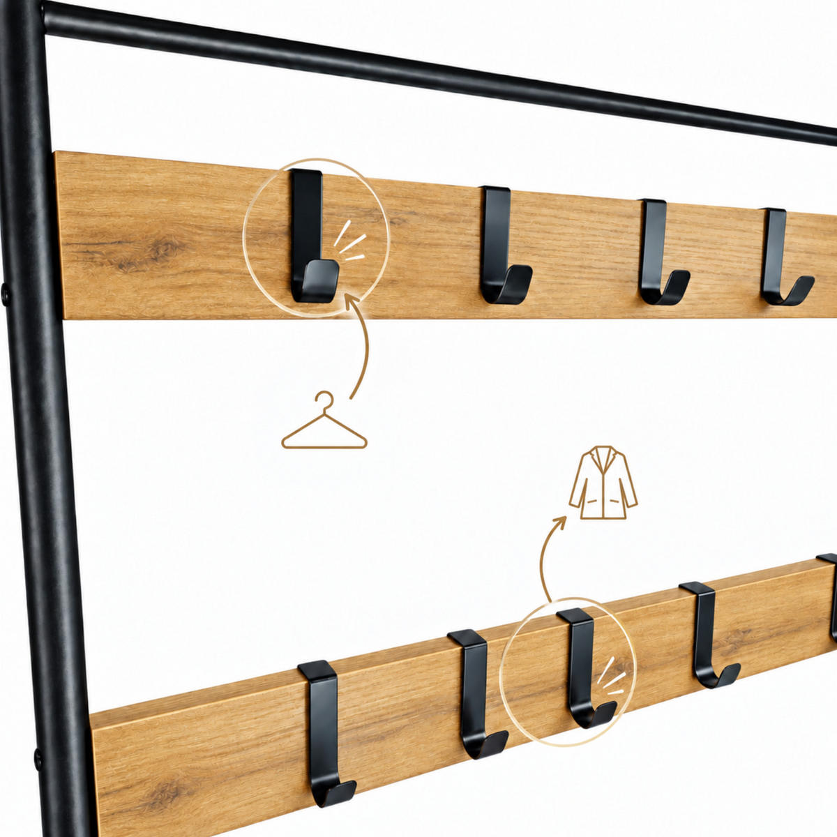GARDEROBENSTÄNDER Eiche Schwarz 70x32x175 cm mit Sitzbank 8 Haken - Eichefarben/Schwarz, Holzwerkstoff/Metall (70/175/32cm) - Begryf