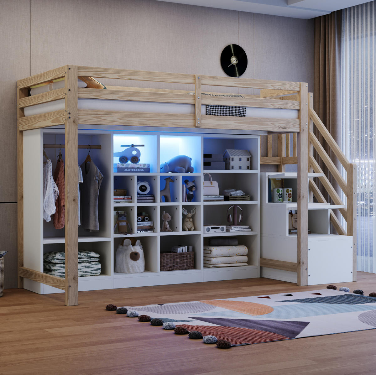 HOCHBETT 90/200 cm aus Holz mit Stauraum, LED-Beleuchtung, Holzfarbe - Naturfarben, Holz (90/200cm) - OKMYHOME