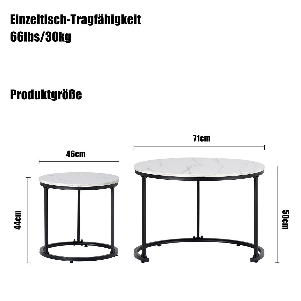 COUCHTISCH Set 2-tlg rund mit Marmoroptik 50/70,5 cm und 45,5/44 cm - Weiß, Holzwerkstoff (70.5/70.5/50cm) - OKWISH