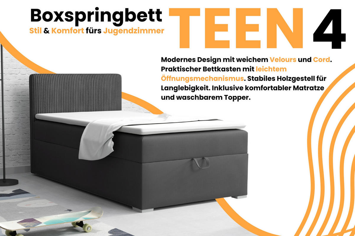 BOXBETT TEEN 4 90/200 Velours / Cord Anthrazit H3 - Anthrazit, Holz/Holzwerkstoff (90/200cm) - Deine Möbel 24