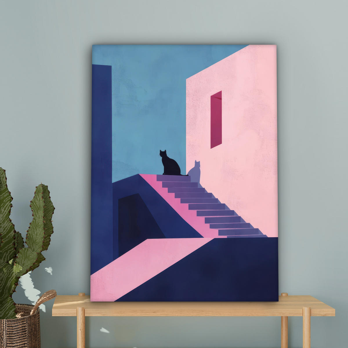 LEINWANDBILD Katze - Treppe - Gebäude - Schattenkontraste Wandbild Wohnzimmer 60x80 cm - Dunkelblau, Textil (60/80cm) - MuchoWow