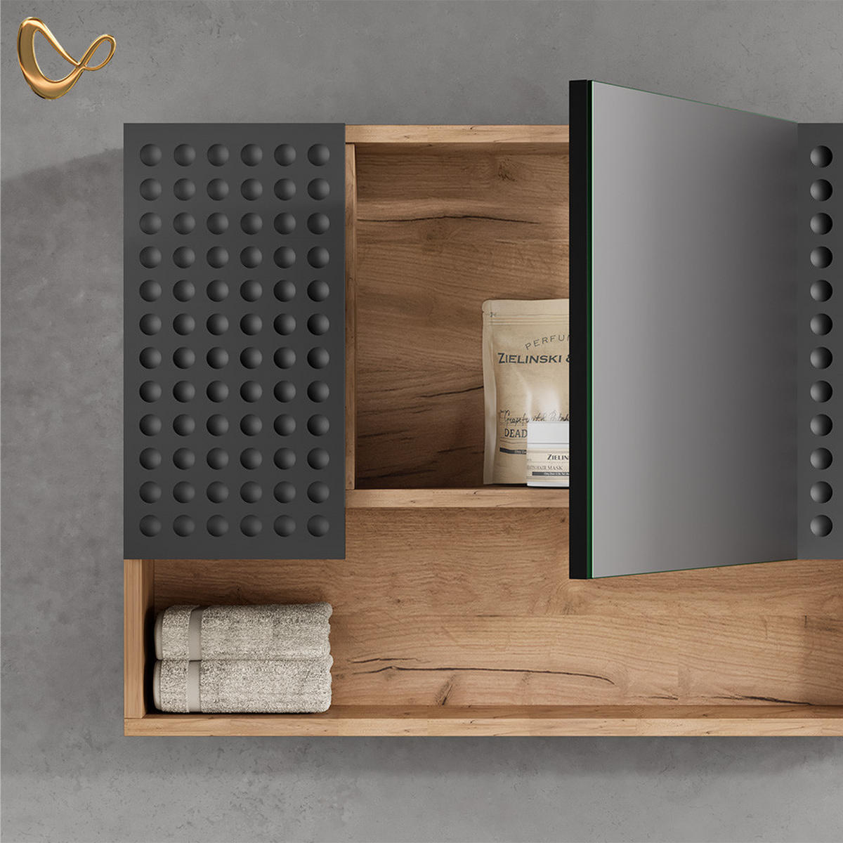 BADSPIEGELSCHRANK Ronco Anthrazit gepunktet 80 x 55 cm - Anthrazit/Eiche Wotan, Holzwerkstoff (80/55/17cm) - Livinity®