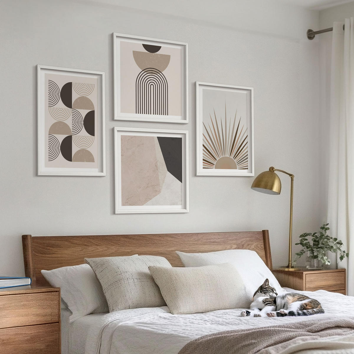 BILDER SET 4er Set - 50x50 cm & 40x60 cm Weißer Rahmen - Abstrakte beige und braune Formen - Weiß, Kunststoff (50/50cm) - TULUP