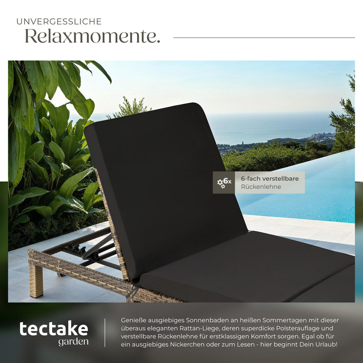 RATTAN-SONNENLIEGE Sofia,196 x 66 x 27 cm,natur - Naturfarben, Kunststoff (66/27/196cm) - tectake