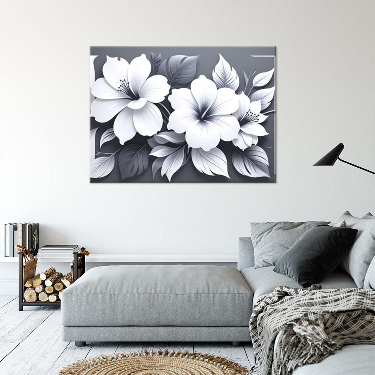 LEINWANDBILD, Weiße Blüten auf grauem Hintergrund - Weiß, Textil (100/70cm) - Feeby