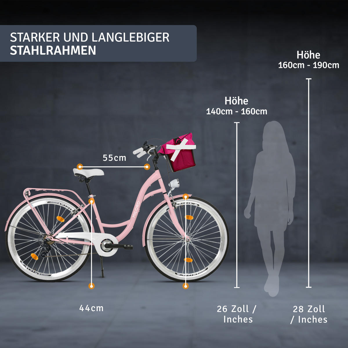 CITY-FAHRRAD Milord mit Metallkorb, 28 Zoll, Rosa, 7-Gang - Pink, Metall (46cm) - Milordbikes