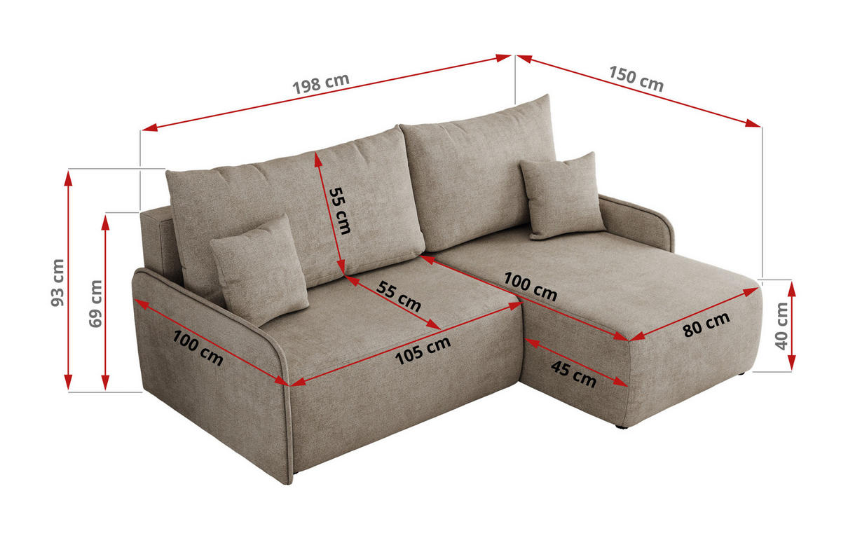 ECKSCHLAFSOFA ARPA L Beige Struktur - rechts - Beige/Schwarz, Kunststoff/Textil (150/198cm) - MKS