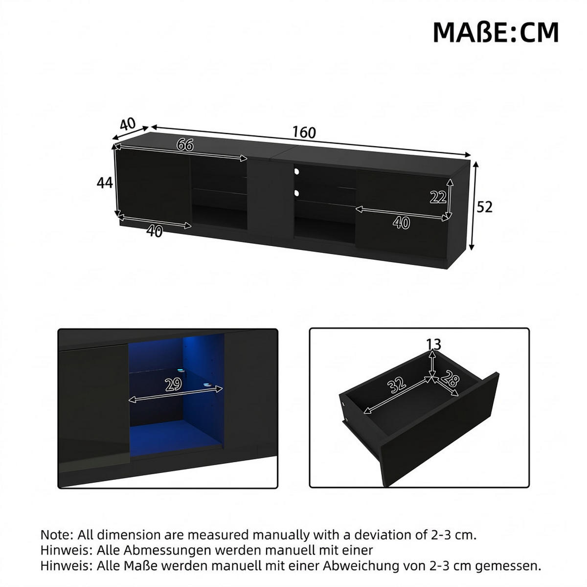 TV-SCHRANK 160/40/52 cm Schwarz Hochglanz mit LED und 2 Schubladen - Schwarz, Holzwerkstoff (160/52/40cm) - Oxeza