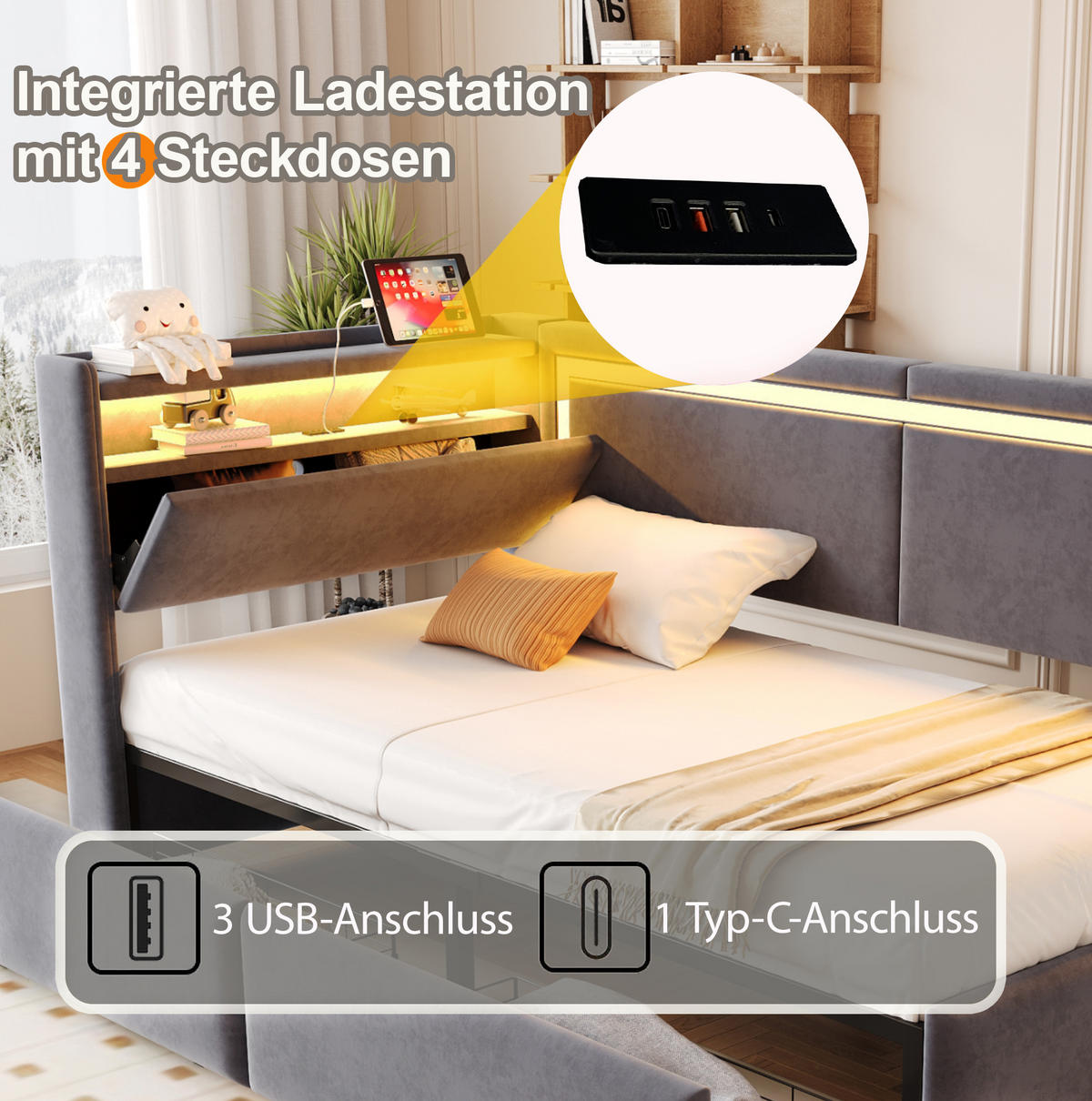 POLSTERBETT 90/200 cm Dunkelgrau aus Samt mit LED-Beleuchtung und USB-Anschlüssen - Dunkelgrau, Textil (90/200cm) - OKMYHOME
