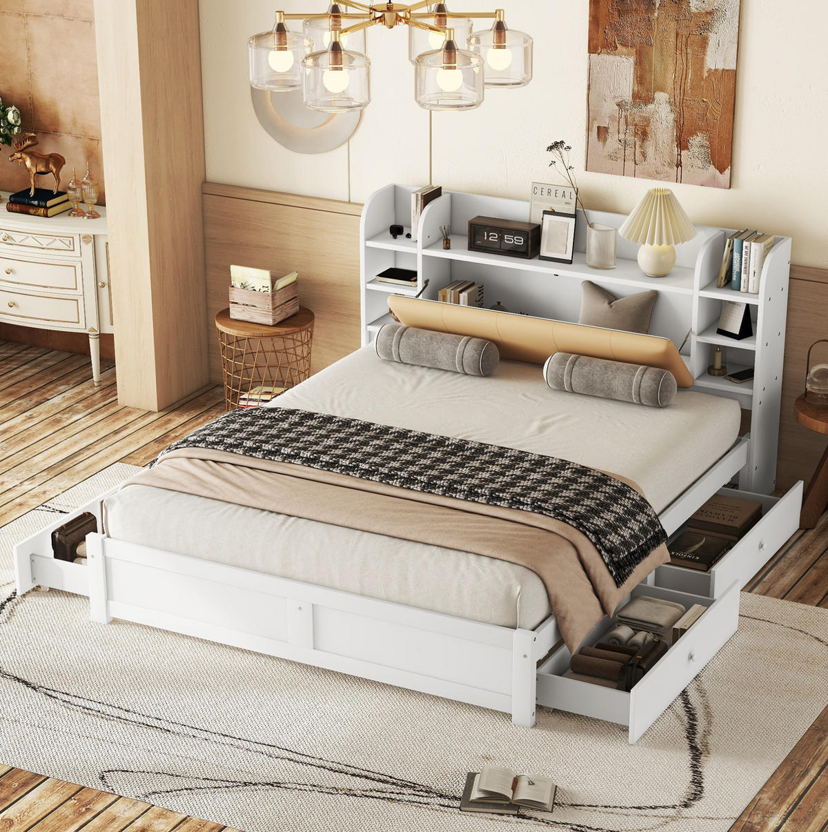 BETT 180/200 cm mit aufklappbarem Kopfteil, 4 Schubladen und Stauraum aus Kiefern, Weiß - Weiß, Holzwerkstoff (180/200cm) - Redom