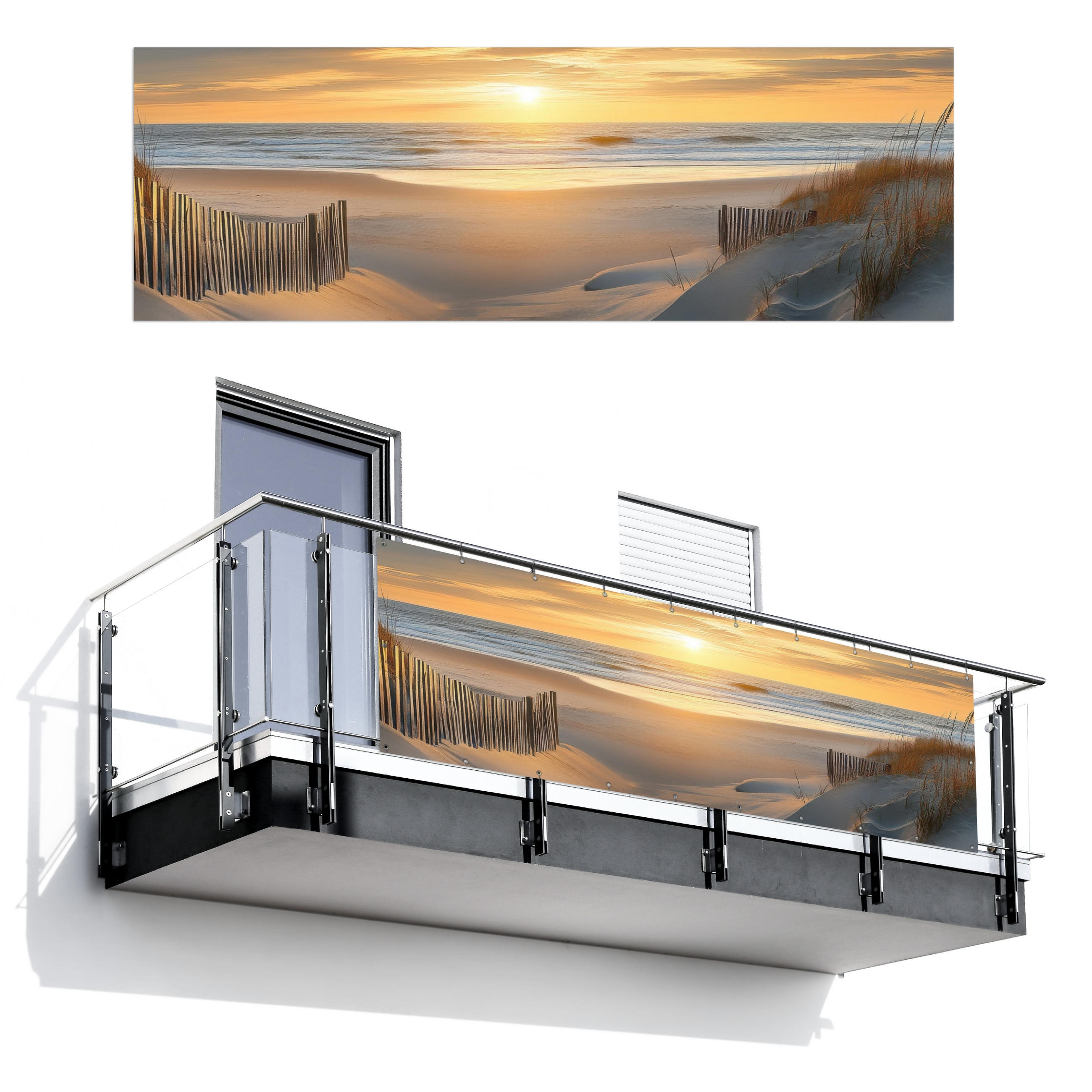 BALKON-SICHTSCHUTZ Strand - Dünen - Sonnenuntergang 300x100 cm - Sandfarben, Kunststoff (300/100cm) - MuchoWow